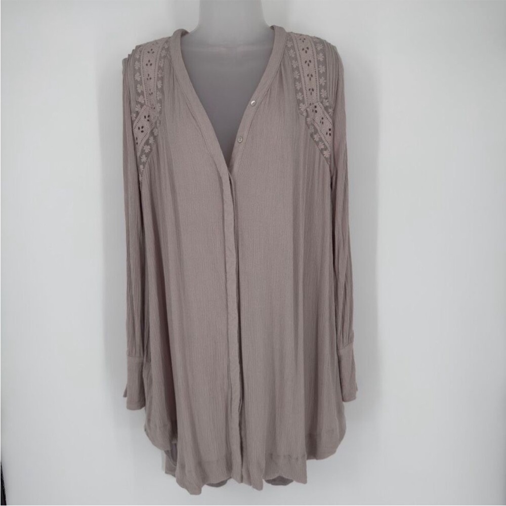 Free People XS Courtney’s Victorian Shirt Dress Taupe Boho Lace Detail Oversized